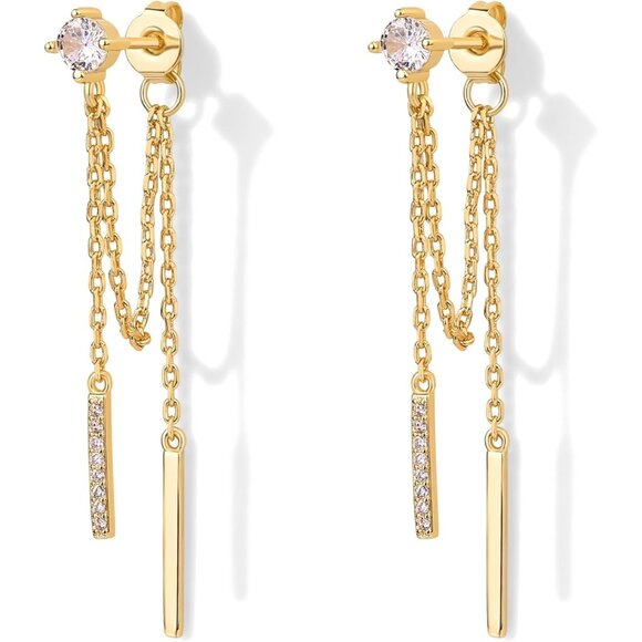 💫 Women Yellow Dangle Chain Earrings 18K Plated Sterling Cubic Zirconia Jewelry - Picture 1 of 6